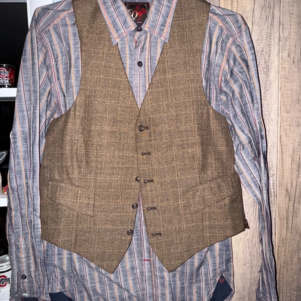 Classic Brown Checkered Vest with Striped Shirt